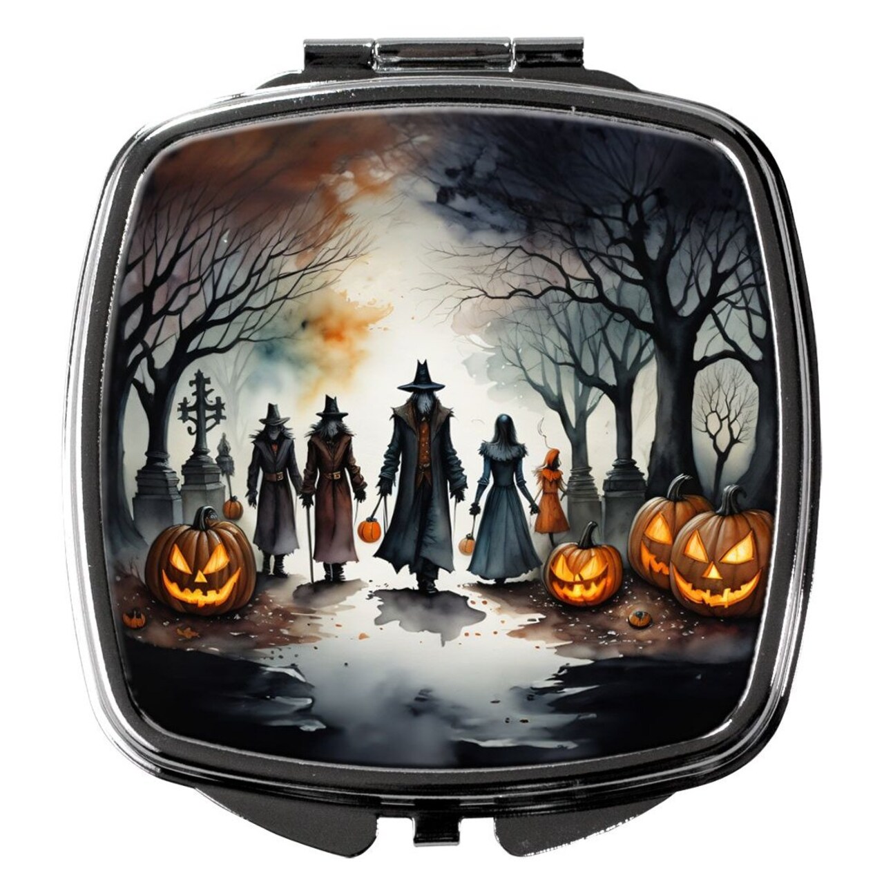 Edge Collections - 2.75" X 3" - Silver - Vampires Spooky Halloween Compact Mirror Decorative Travel Makeup Mirror Folding Handheld - 2 Piece